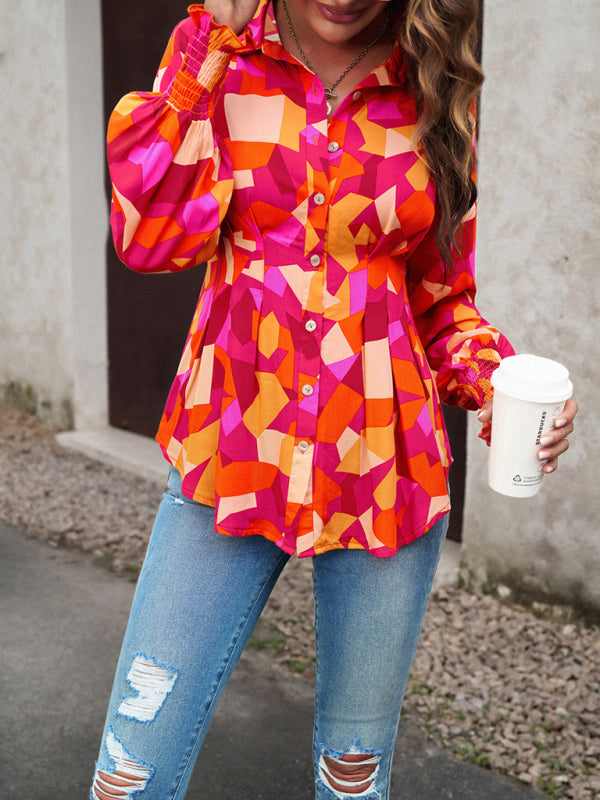 Temperament Commuter Printed Long Sleeve Shirt BLUE ZONE PLANET