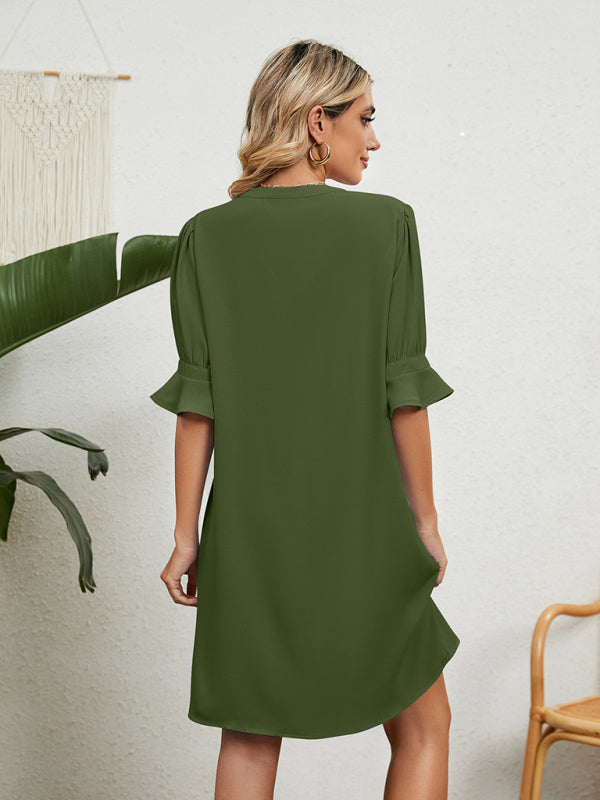 solid color V-neck loose gathered five-quarter sleeve dress BLUE ZONE PLANET