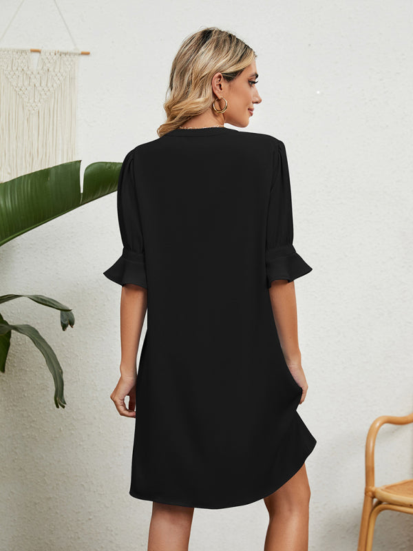 solid color V-neck loose gathered five-quarter sleeve dress BLUE ZONE PLANET