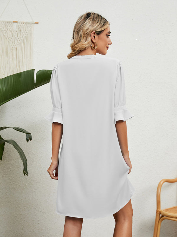 solid color V-neck loose gathered five-quarter sleeve dress BLUE ZONE PLANET