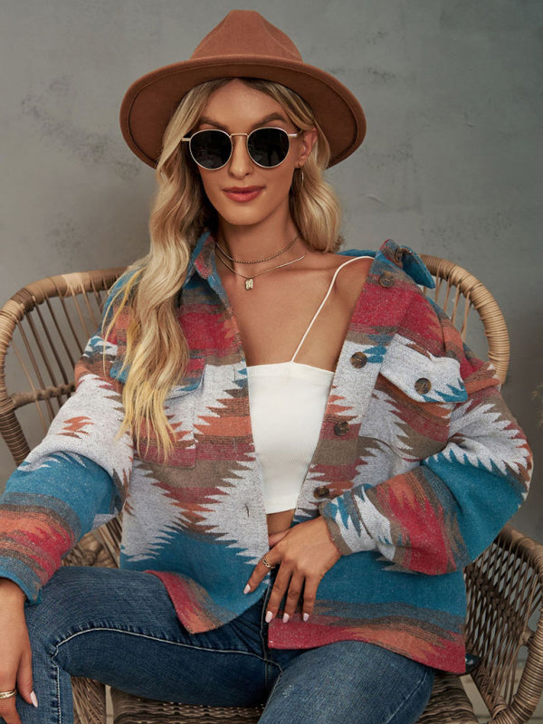 geometric pattern short loose lapel pocket buttons woolen coat BLUE ZONE PLANET