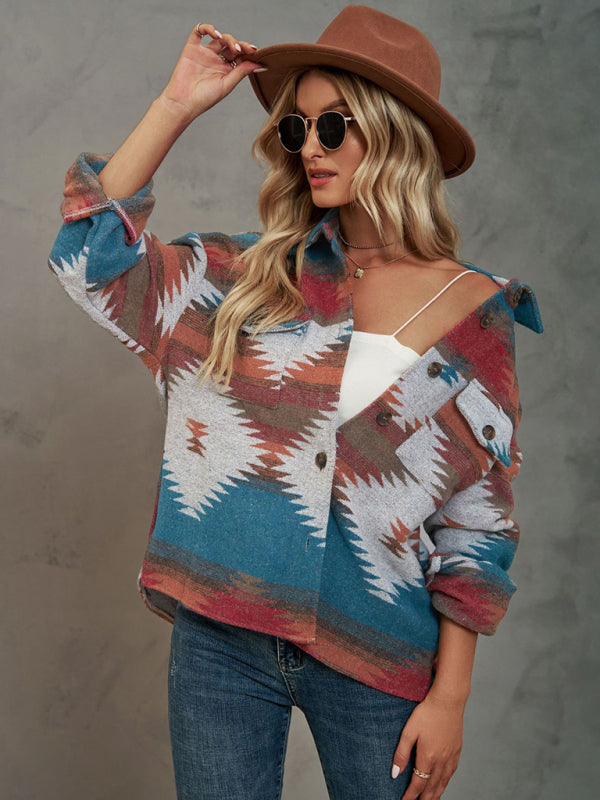 geometric pattern short loose lapel pocket buttons woolen coat BLUE ZONE PLANET