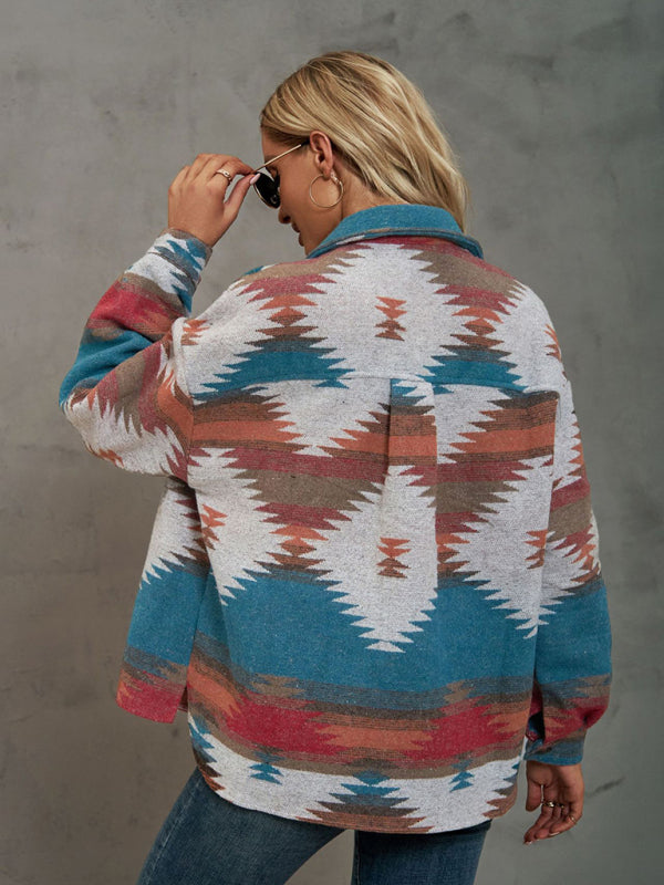geometric pattern short loose lapel pocket buttons woolen coat BLUE ZONE PLANET