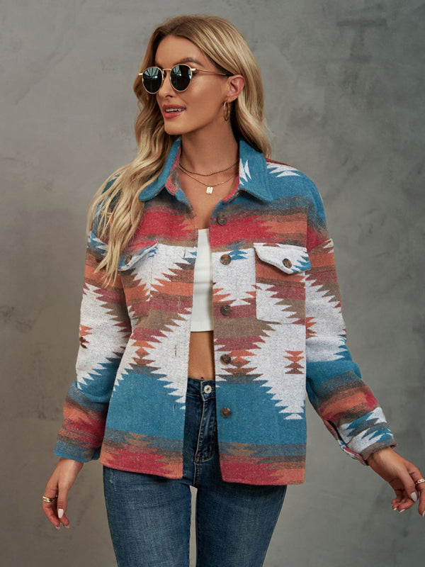 geometric pattern short loose lapel pocket buttons woolen coat BLUE ZONE PLANET