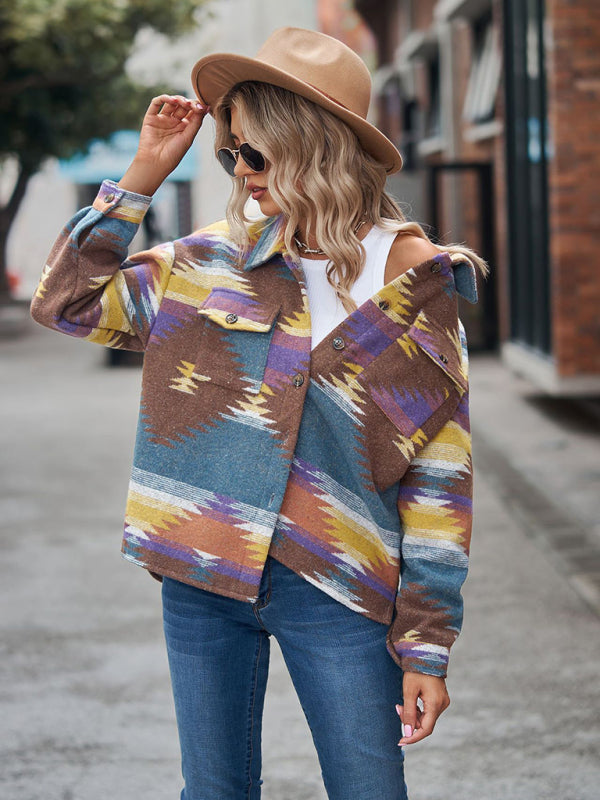geometric pattern short loose lapel pocket buttons woolen coat BLUE ZONE PLANET