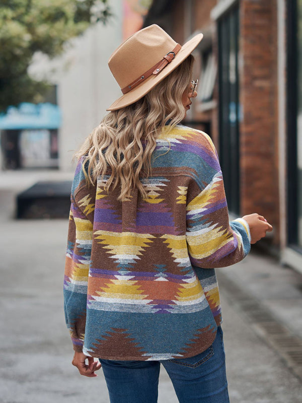 geometric pattern short loose lapel pocket buttons woolen coat BLUE ZONE PLANET