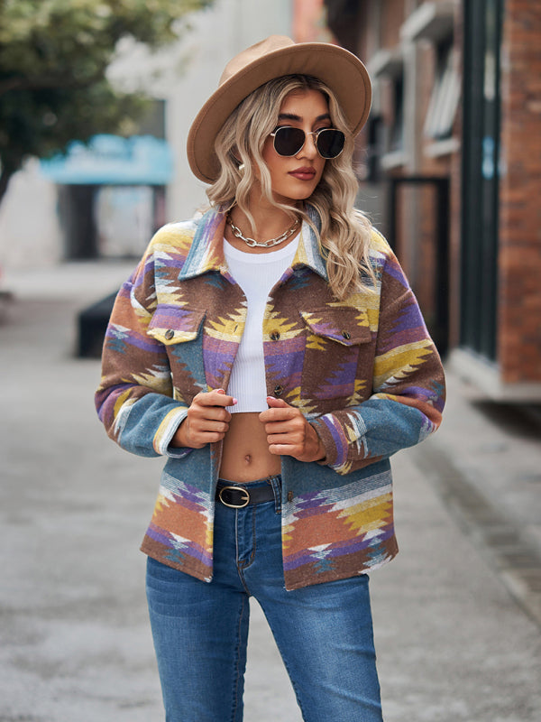 geometric pattern short loose lapel pocket buttons woolen coat BLUE ZONE PLANET