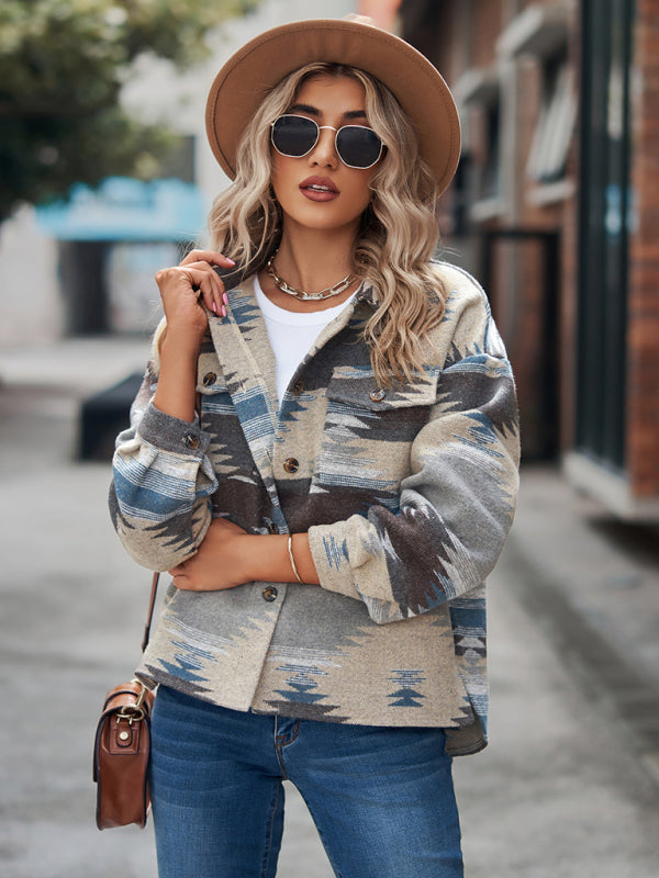 geometric pattern short loose lapel pocket buttons woolen coat BLUE ZONE PLANET