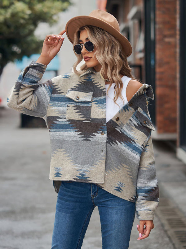 geometric pattern short loose lapel pocket buttons woolen coat BLUE ZONE PLANET