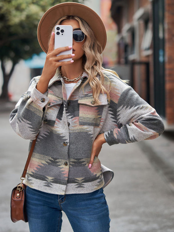 geometric pattern short loose lapel pocket buttons woolen coat BLUE ZONE PLANET