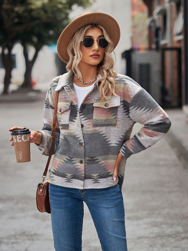 geometric pattern short loose lapel pocket buttons woolen coat BLUE ZONE PLANET