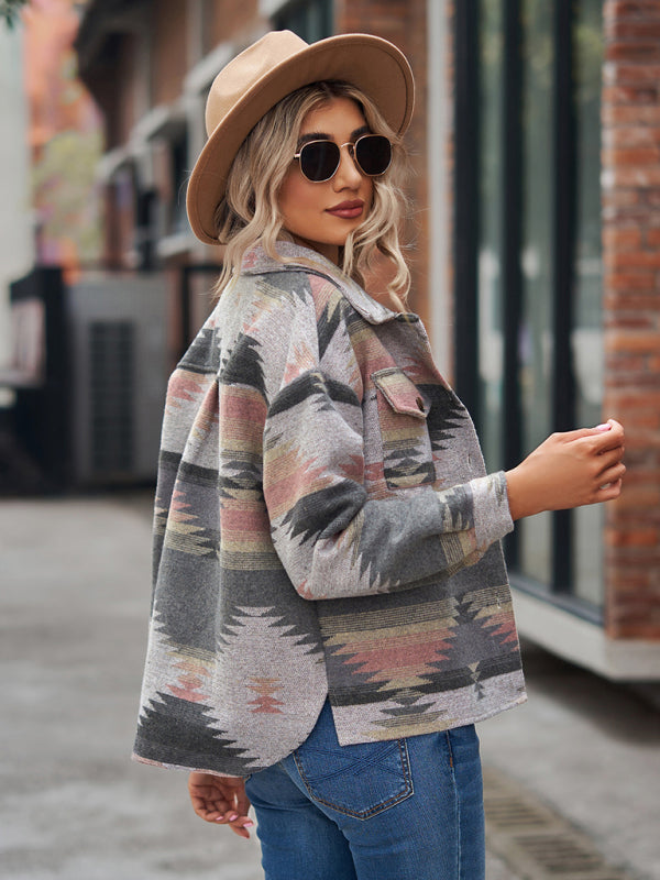 geometric pattern short loose lapel pocket buttons woolen coat BLUE ZONE PLANET