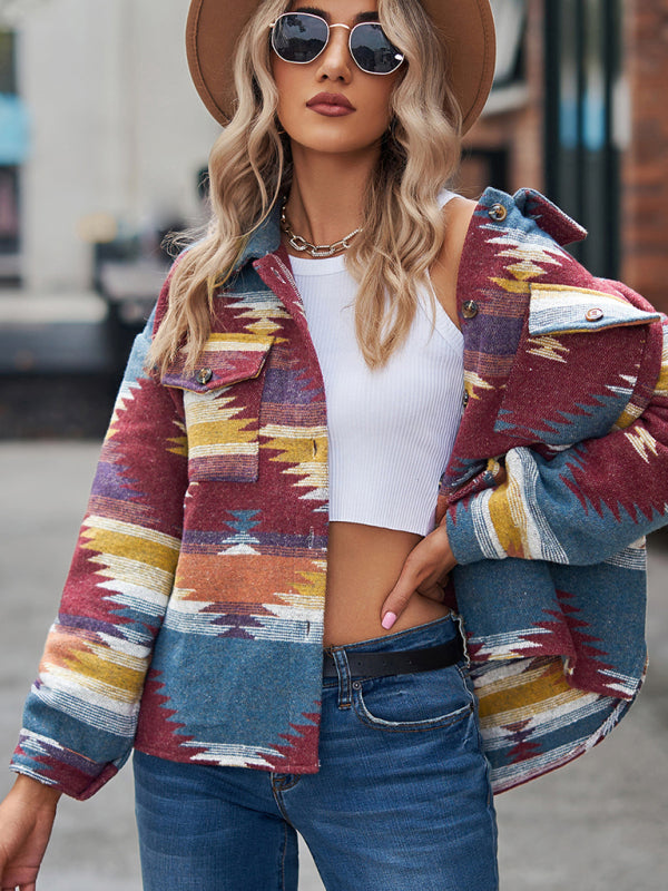 geometric pattern short loose lapel pocket buttons woolen coat BLUE ZONE PLANET