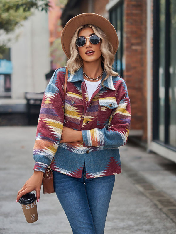 geometric pattern short loose lapel pocket buttons woolen coat BLUE ZONE PLANET