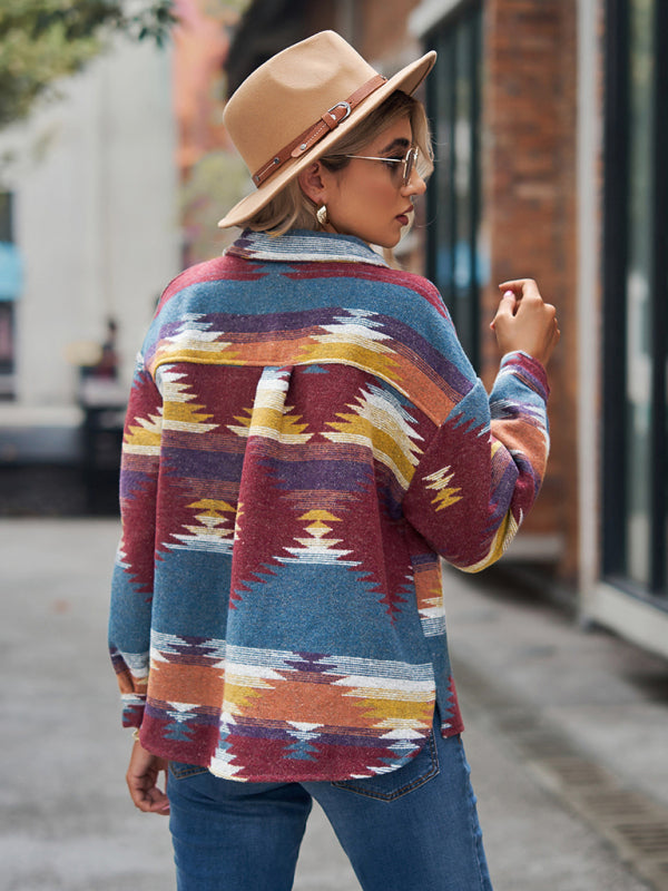 geometric pattern short loose lapel pocket buttons woolen coat BLUE ZONE PLANET