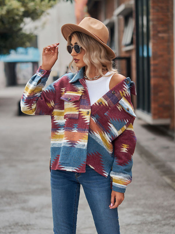 geometric pattern short loose lapel pocket buttons woolen coat BLUE ZONE PLANET