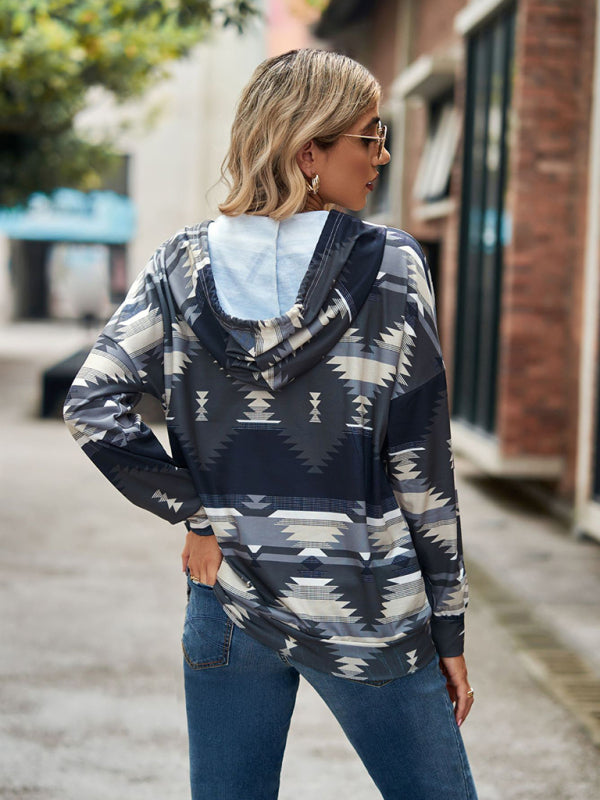 geometric pattern long-sleeved loose hooded button pocket sweater BLUE ZONE PLANET