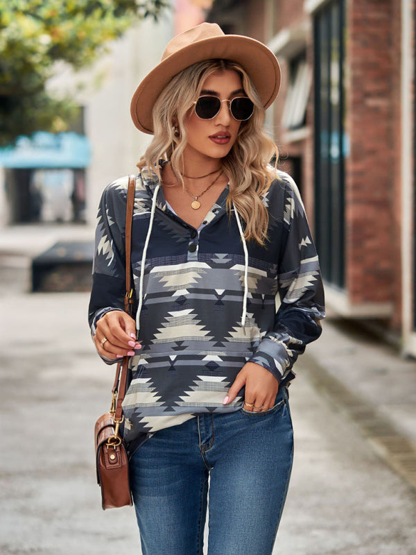 geometric pattern long-sleeved loose hooded button pocket sweater BLUE ZONE PLANET