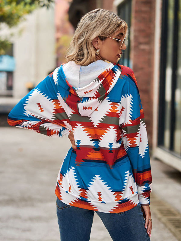 geometric pattern long-sleeved loose hooded button pocket sweater BLUE ZONE PLANET