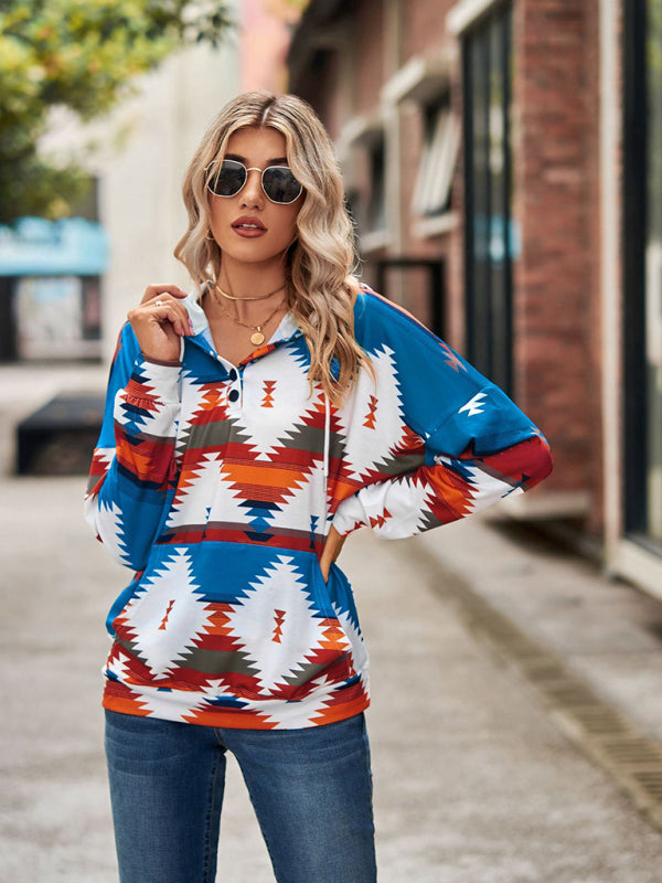 geometric pattern long-sleeved loose hooded button pocket sweater BLUE ZONE PLANET
