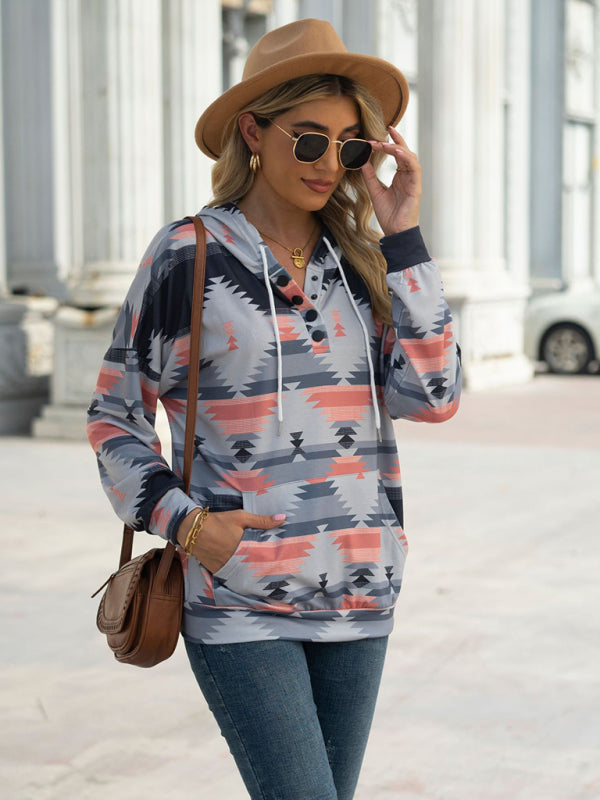 geometric pattern long-sleeved loose hooded button pocket sweater BLUE ZONE PLANET