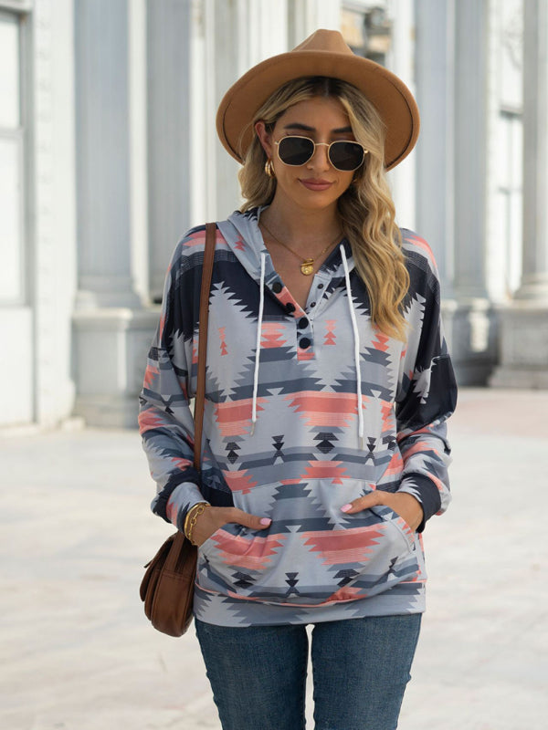 geometric pattern long-sleeved loose hooded button pocket sweater BLUE ZONE PLANET