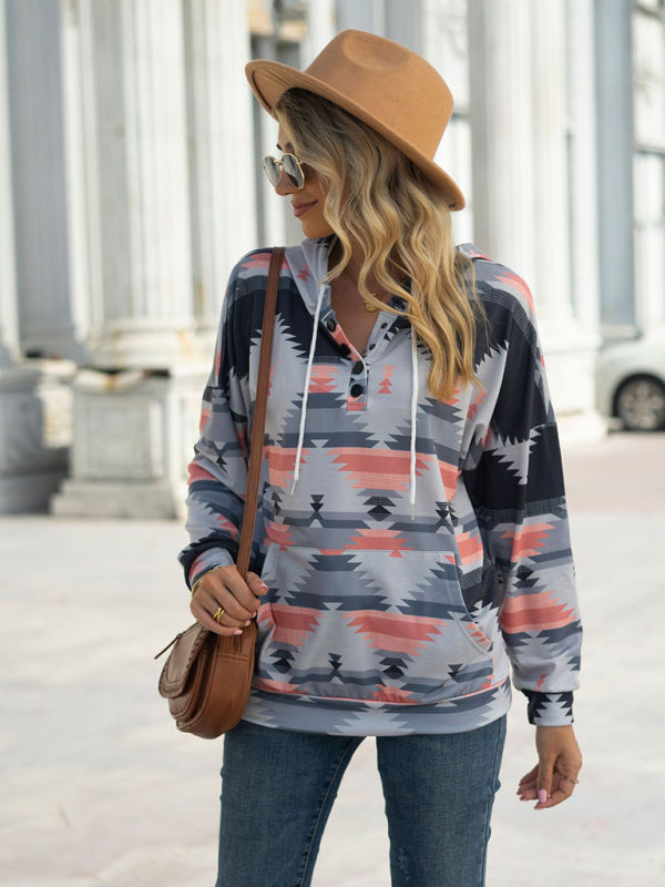 geometric pattern long-sleeved loose hooded button pocket sweater BLUE ZONE PLANET