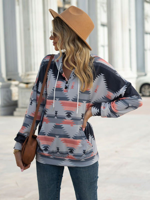 geometric pattern long-sleeved loose hooded button pocket sweater BLUE ZONE PLANET