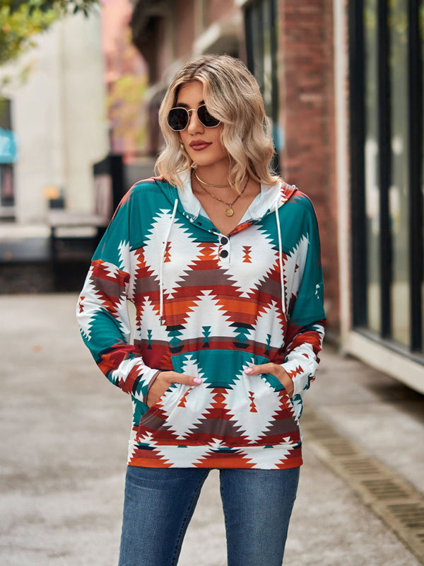 geometric pattern long-sleeved loose hooded button pocket sweater BLUE ZONE PLANET