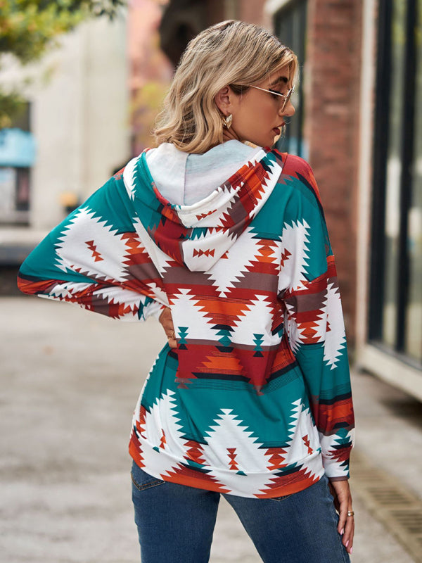 geometric pattern long-sleeved loose hooded button pocket sweater BLUE ZONE PLANET