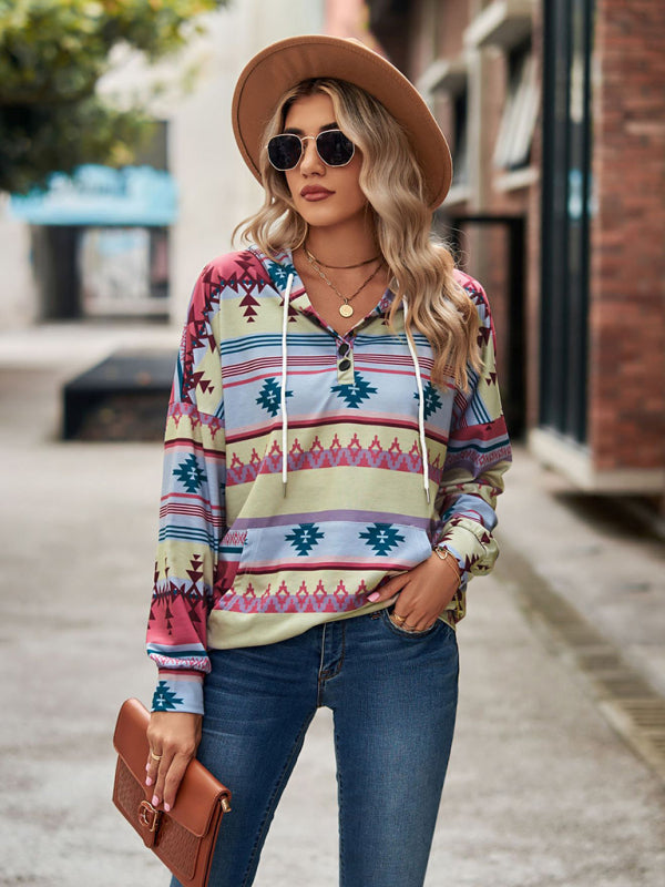 geometric pattern long-sleeved loose hooded button pocket sweater BLUE ZONE PLANET