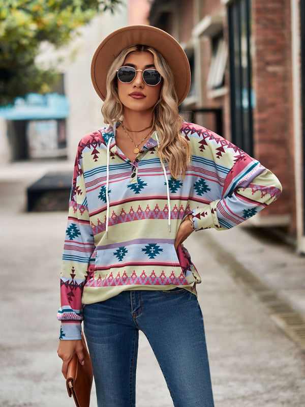 geometric pattern long-sleeved loose hooded button pocket sweater BLUE ZONE PLANET