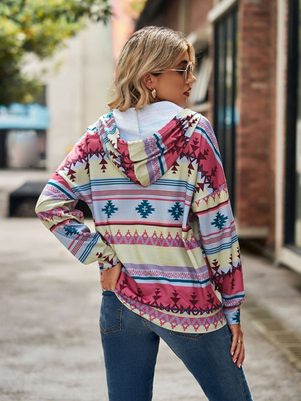 geometric pattern long-sleeved loose hooded button pocket sweater BLUE ZONE PLANET