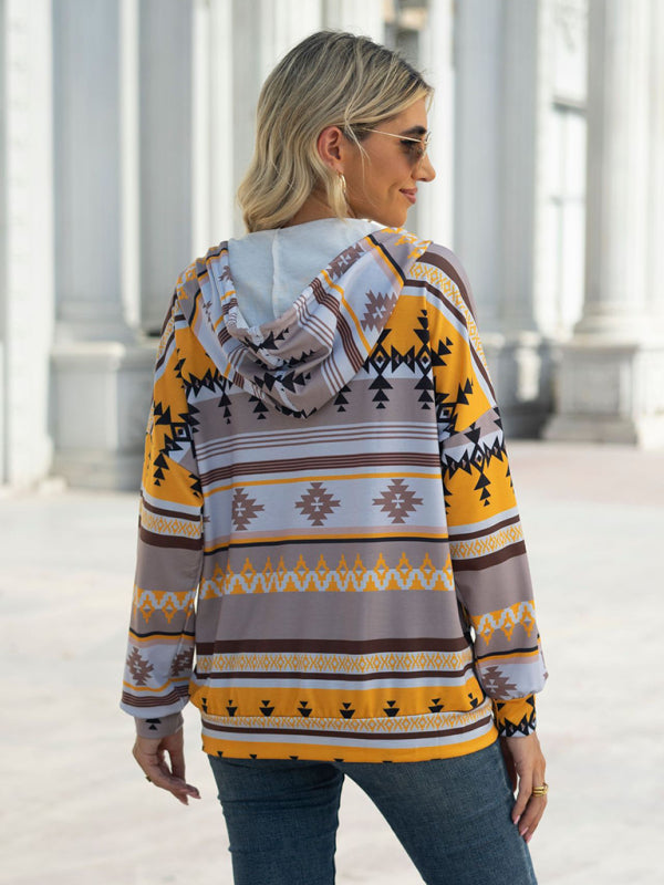 geometric pattern long-sleeved loose hooded button pocket sweater BLUE ZONE PLANET