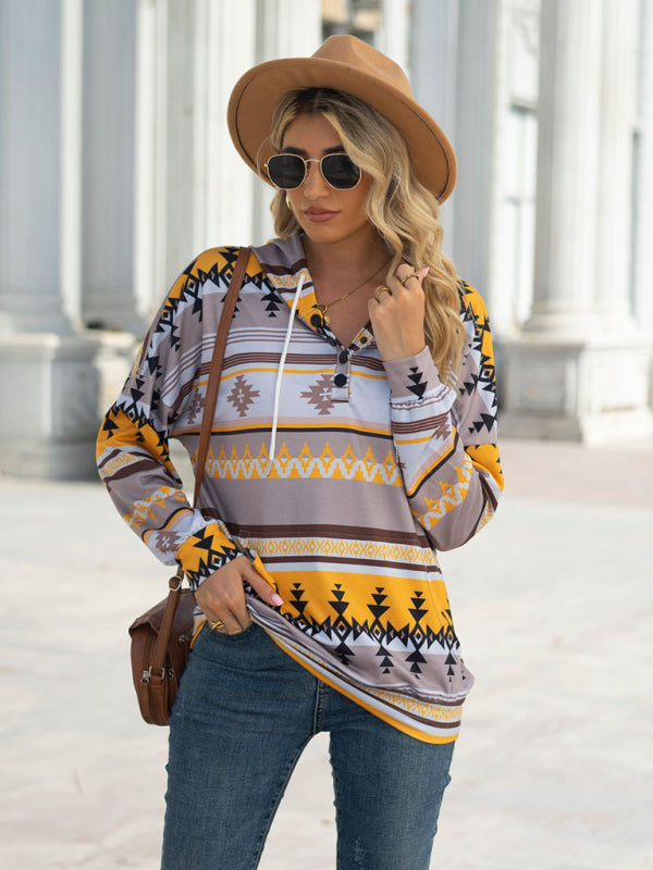 geometric pattern long-sleeved loose hooded button pocket sweater BLUE ZONE PLANET
