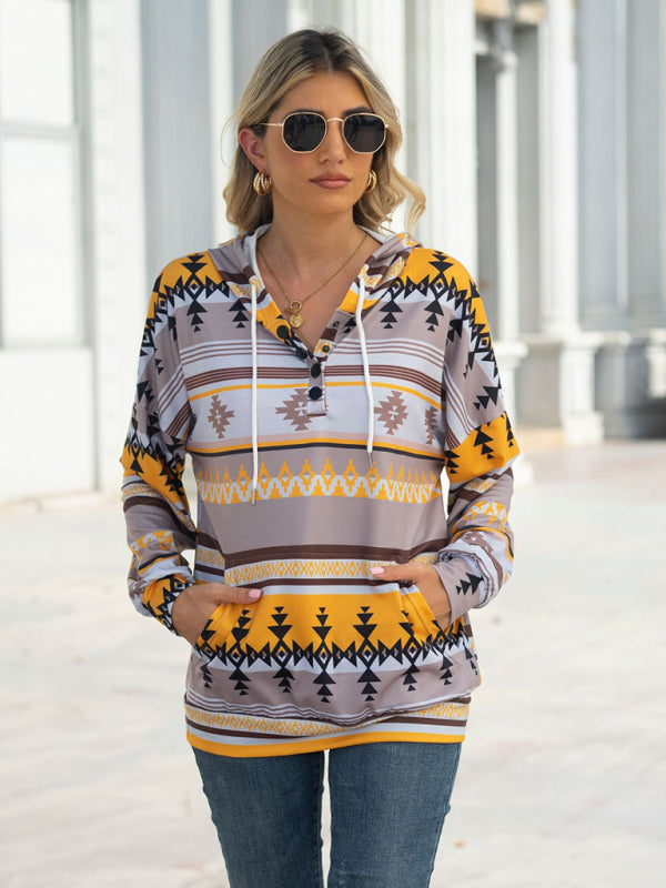 geometric pattern long-sleeved loose hooded button pocket sweater BLUE ZONE PLANET