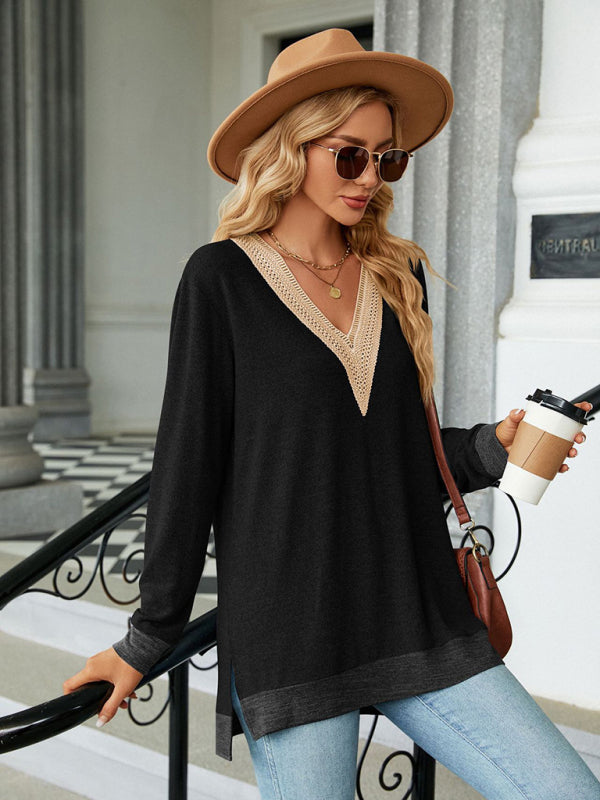 Blue Zone Planet | style lace V-neck contrast color slit loose long-sleeved T-shirt top BLUE ZONE PLANET