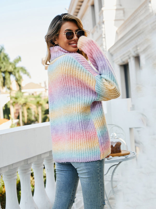 Blue Zone Planet | Ladies Rainbow Pullover Turtleneck Long Sleeve Sweater BLUE ZONE PLANET