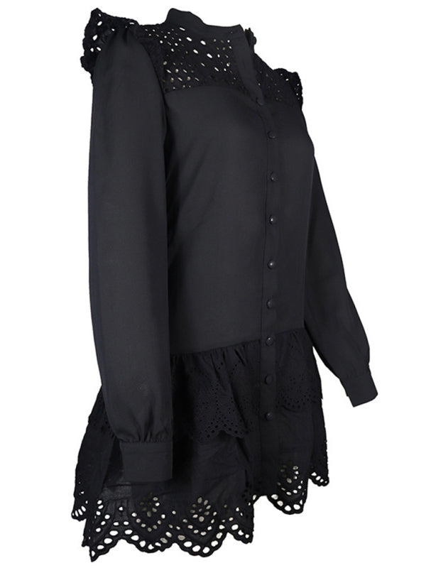 Fashion Hollow Lace Shirt Dress BLUE ZONE PLANET