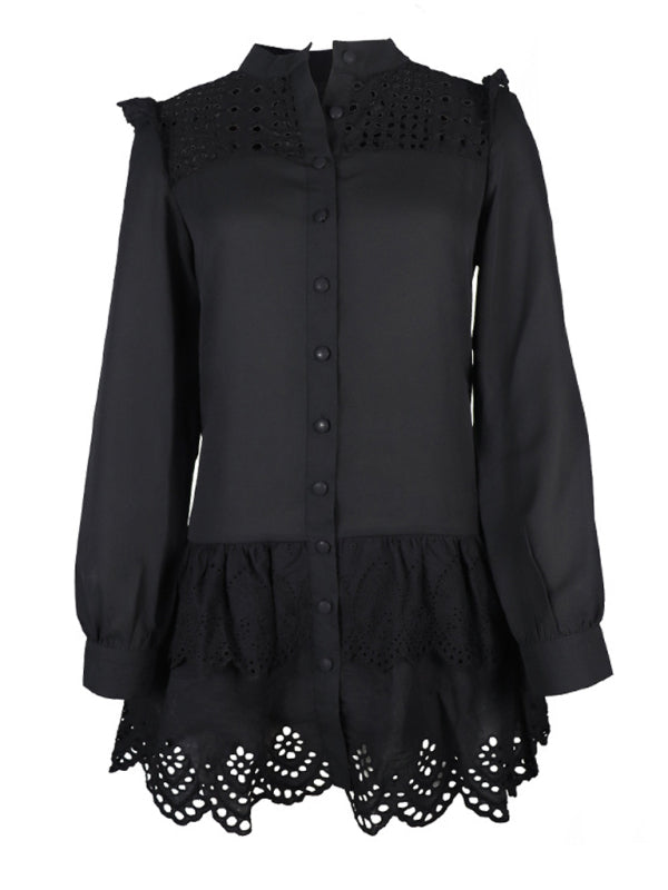 Fashion Hollow Lace Shirt Dress BLUE ZONE PLANET