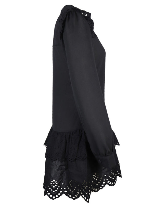 Fashion Hollow Lace Shirt Dress BLUE ZONE PLANET
