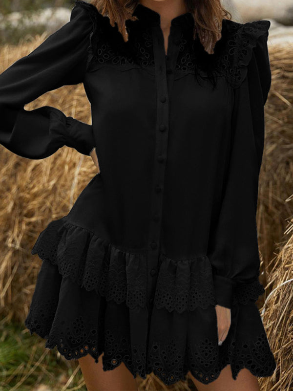 Fashion Hollow Lace Shirt Dress BLUE ZONE PLANET