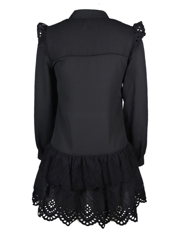 Fashion Hollow Lace Shirt Dress BLUE ZONE PLANET