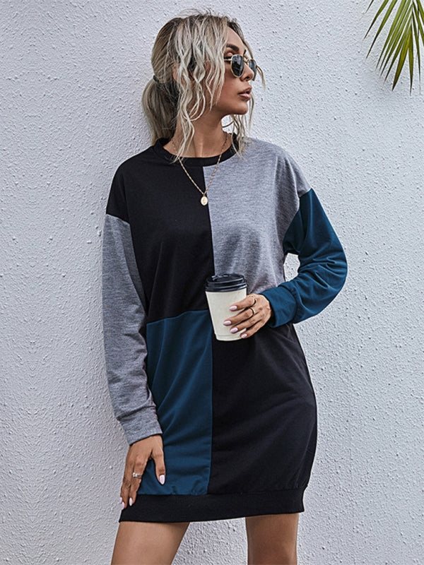 Blue Zone Planet | Long-sleeved color block round neck sweater dress BLUE ZONE PLANET