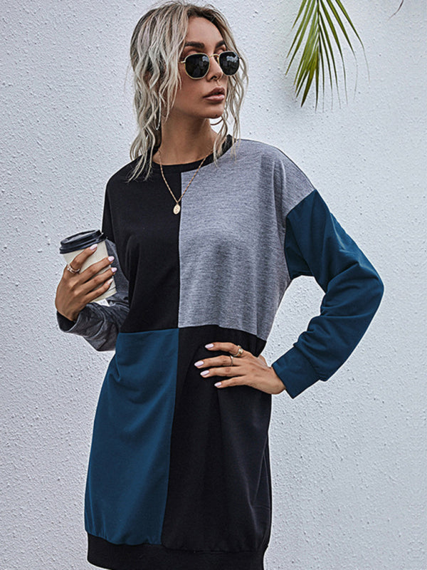 Blue Zone Planet | Long-sleeved color block round neck sweater dress BLUE ZONE PLANET