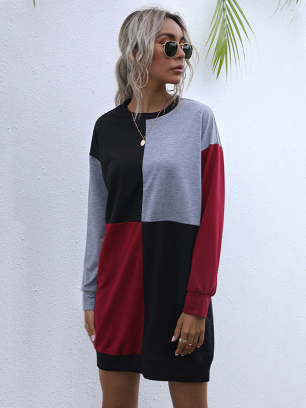 Blue Zone Planet | Long-sleeved color block round neck sweater dress BLUE ZONE PLANET