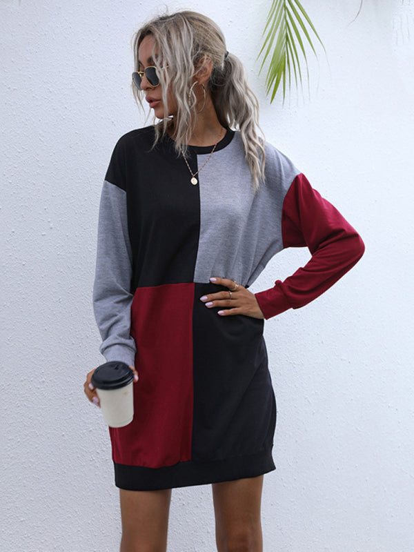 Blue Zone Planet | Long-sleeved color block round neck sweater dress BLUE ZONE PLANET