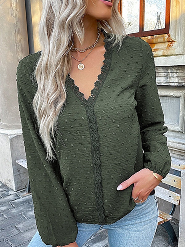 Blue Zone Planet | long-sleeved lace solid color V-neck blouse BLUE ZONE PLANET