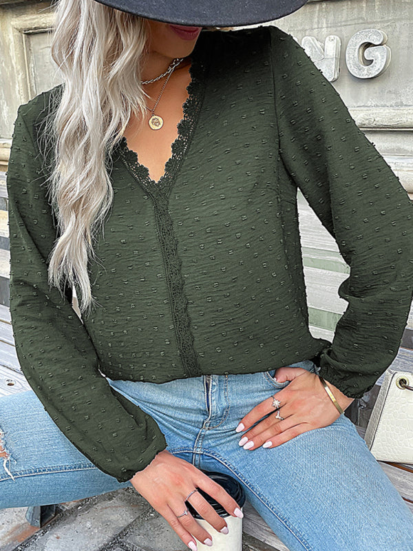 Blue Zone Planet | long-sleeved lace solid color V-neck blouse BLUE ZONE PLANET