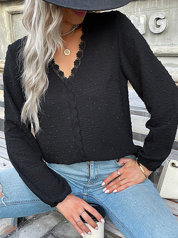 Blue Zone Planet | long-sleeved lace solid color V-neck blouse BLUE ZONE PLANET